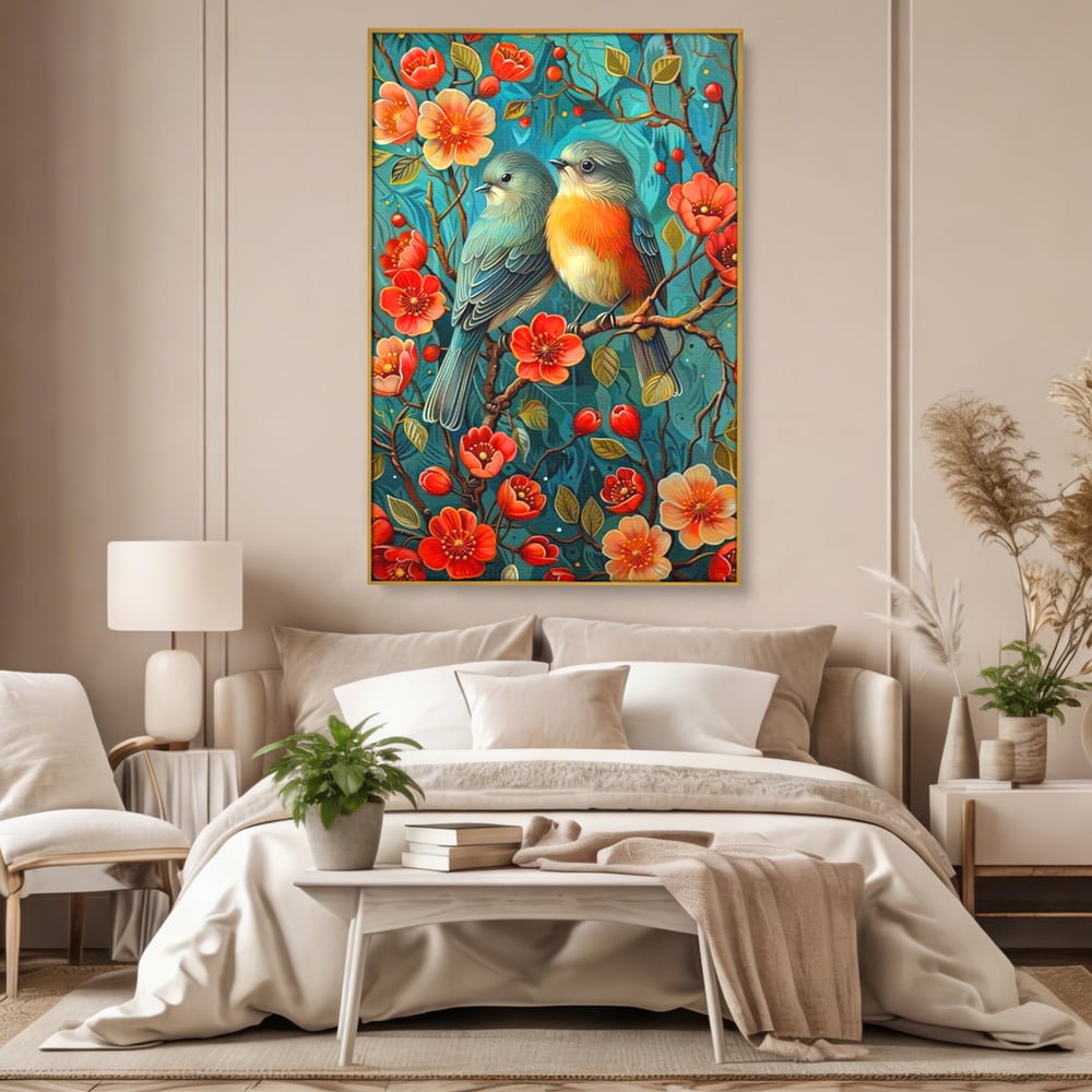 Tablou canvas cu tablou canvas cu pasari pe creanga, in rama de aluminiu auriu, pe perete intr-un dormitor